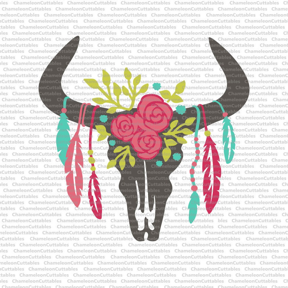 cow skull with feathers 5 layers/colors svg cut file bull