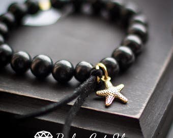 Shungite bracelet with gold pendant EMF protection health crystal healing bracelet noble shungite mystic stone amulet chakra balancing