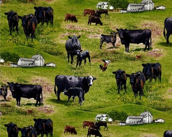 Cow Fabric, Farm Fabric: Farm Animals Black Cattles and Cows Green by Elizabeth's Studio 100% cotton Fabric by the yard 36"x44" (ES19)