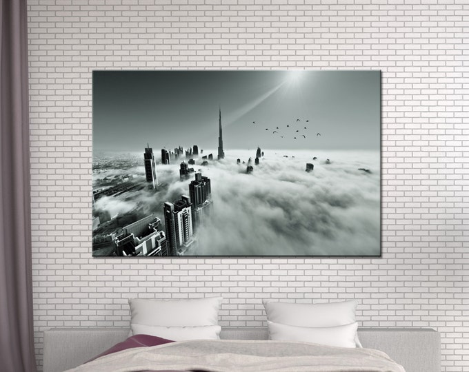 Large Dubai skyline black and white print, burj khalifa wall art print, dubai cityscape canvas print, dubai poster