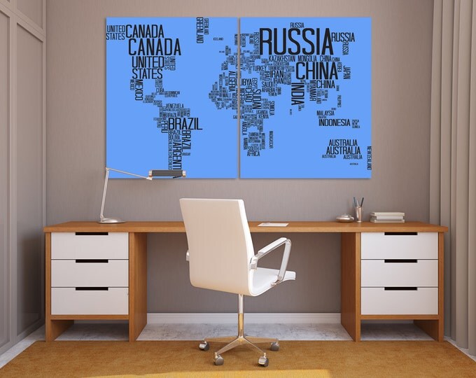 Large blue map in text canvas wall art, typography map wall art, text world map print, typography world map set of 3 or 5 panels