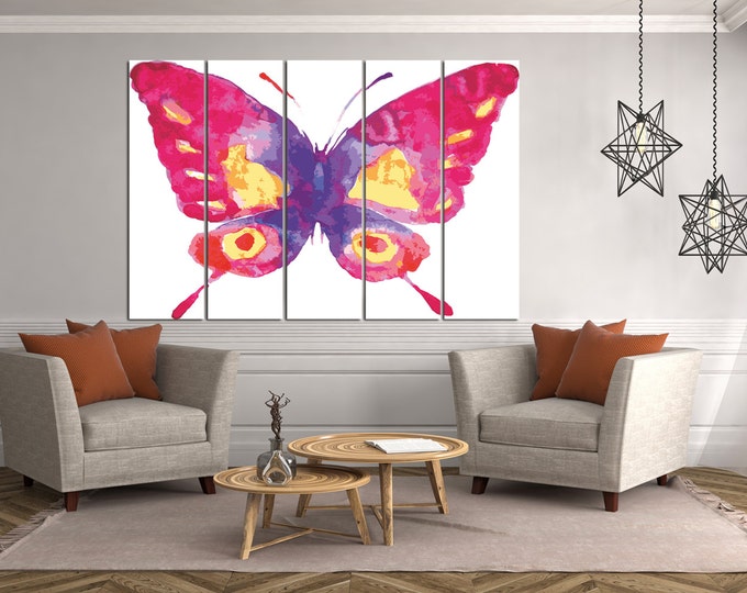 Butterfly drawing watercolor art print on canvas, purple red butterfly art print home decor, colorful butterfly wall art