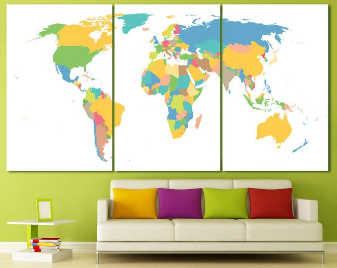 Large Colorful World Map with country lines, multicolored world map print with counries border, colored push pin world map canvas wall art