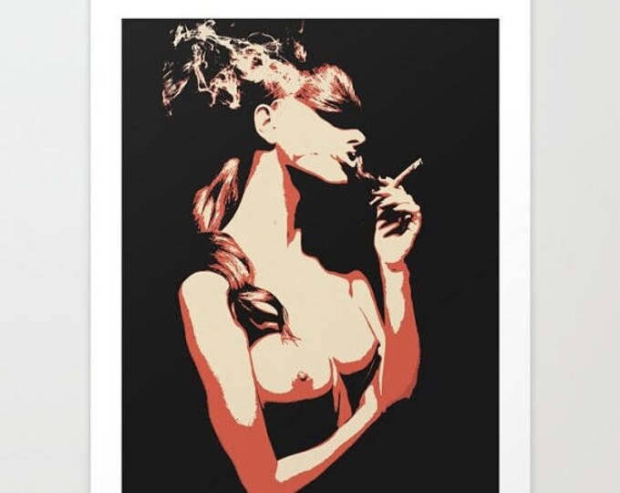 Erotic Art Giclée Print - Sex & cigarette, sensual nude art, naked smoking girl, perfect, sexy body, sensual conte artwork, high res 300dpi