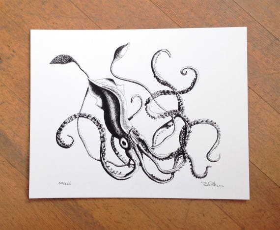 Giant squid hand printed on 100% cotton paper