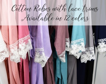 Bridesmaid robes, cotton robe, Bridesmaid gift, cotton lace robe, bridal party robe, personalized robes, bride robe, maid of honor gift