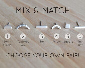 Mix and Match Sterling Silver Studs | Silver Line Earrings | Small Stud Earrings | Bar/Arrow Earrings | Chevron Ear Studs