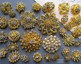32 Gold Brooch Lot Assorted Brooch Bouquet Brooch Wedding Wholesale Mixed Rhinestone Button Pin Pearl Crystal Bridal Cake Embellishment