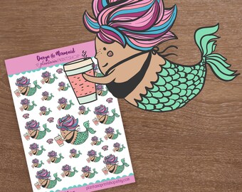 Caffeinated Darya, Mermaid Stickers, Planner Stickers, Fantasy, Hand Drawn, for use with Erin Condren, Happy Planner, Coffee Lover, Mermaid