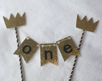 Wild One Cake Bunting, Black Gold Crown Cake Bunting, Black Gold Crown Cake Topper, Wild One Cake Topper Bunting, Gold Cake Topper Bunting