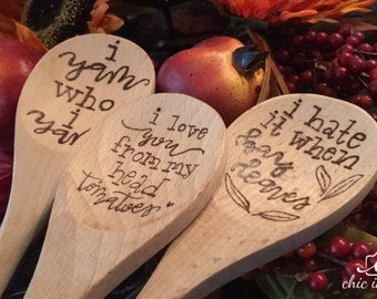 SWEET or SASSY BUNDLE of Wooden Spoons, Kitchen Utencils, Wood Spoons, Hand Lettered, Hand Lettering, calligraphy, Wood Burned, Cook, Bake