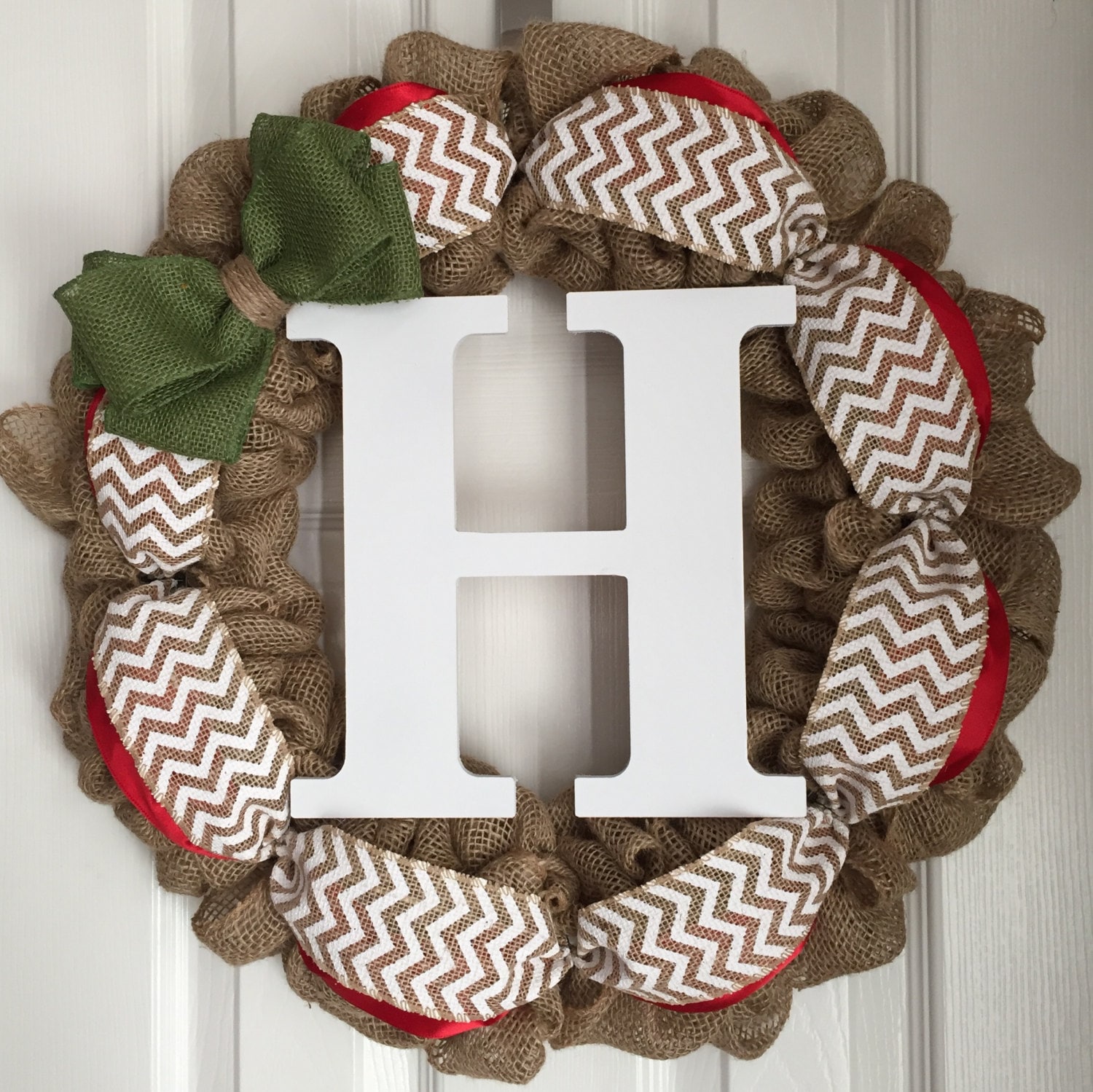 Monogram Holiday Wreath for Front Door - Holiday Burlap Wreath - Red and Green Burlap Wreath - Holiday Door Hanger - Monogram Door Hanger
