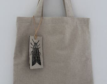 SALE!! Tote bag, hand-printed, linen bag, market bag, beach bag, linen, beetle pattern