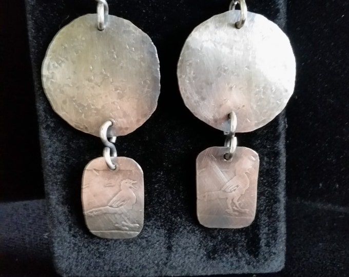 Sterling Earrings Stamped and Textured by Hand with a Bird Motif