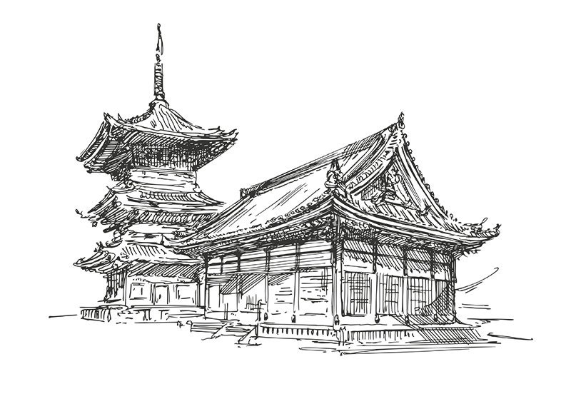 Asia Japan Temple Building Sketching Drawing Clip Art Digital Download