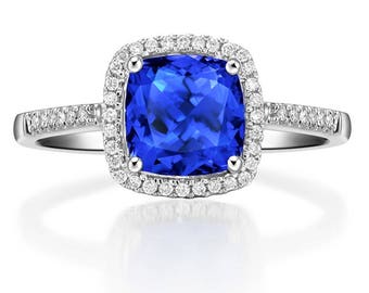 Natural Diamond and blue sapphire engagement ring,1.50 Carat cushion cut Blue Sapphire and Diamond Halo Engagement Ring in White Gold