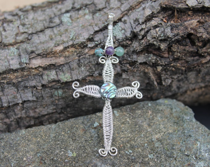 Silver Cross Pendant w/ Abalone Center Bead Turquoise, Amethyst, and Aventurine Accent Beads on Bail, Religious Jewelry, Wire Weave Necklace