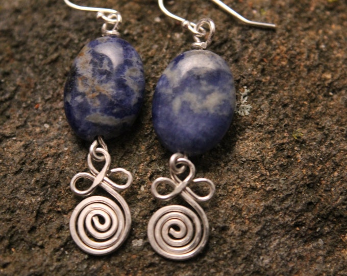 Blue Sodalite Sterling Silver Earrings with Clover Leaf Spiral | Natural Blue Stone Earrings | Handmade Dangle Earrings | Gift for Her