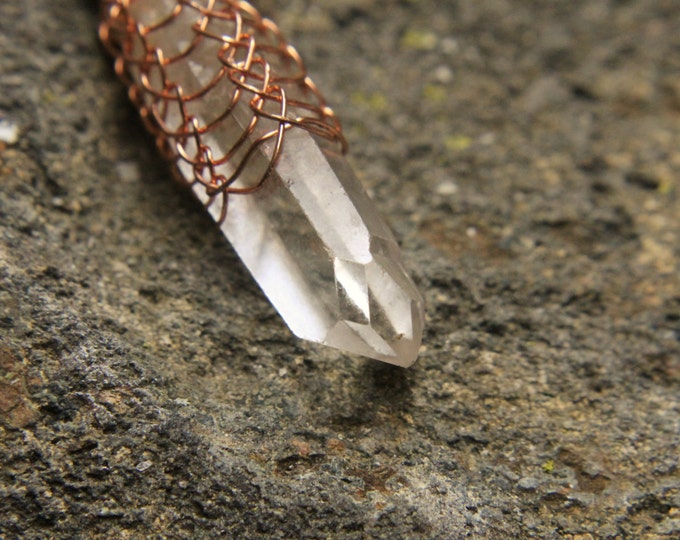Wire Wrap Quartz Crystal Tip Pendant / Viking Weave Natural Stone Point Necklace / Copper Knit Design / Mens or Ladies Handmade Jewelry