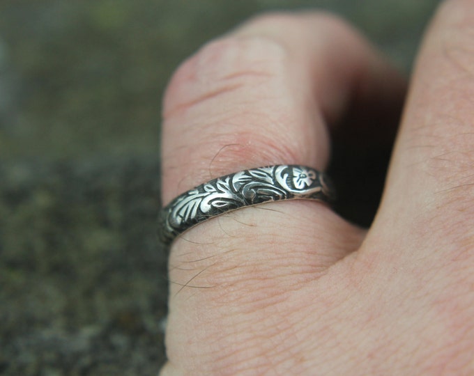 Sterling Silver Floral Vine Promise Ring, Embossed Art Nouveau Pattern Design, Wedding Band for Him or Her, Mens or Ladies Jewelry