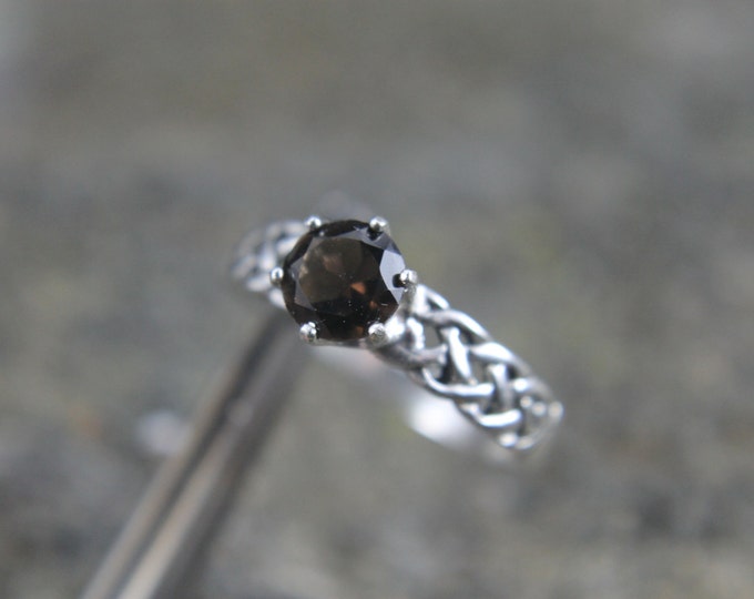 Smokey Quartz Gemstone Ring, Twisted Viking Sterling Silver 6 Prong Woven Ring, Size 9.25 7mm Stone, Birthday Gift for Him or Her