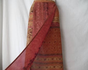 Vintage Colorful Maxi Semi Sheer Boho Hipi Abstract Print Wrap Summer Skirt 90s,Brown Orange and Colour of the Brick Long Printed Skirt