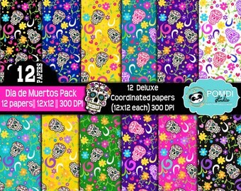 INSTANT DOWNLOAD|| Dia de Muertos/Sugar skull- papers ||12x12 ||3600x3600l|12 papers|| Printable|| Seamless Patterns||