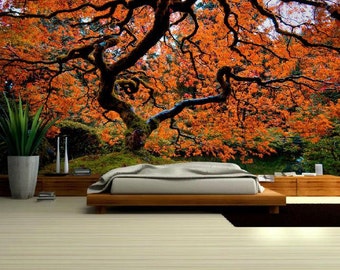 AUTUMN FOREST MURAL, Japanese tree, big tree wallpaper, forest wall decal, beautiful tree mural, tree wall decal, tree wall mural, tree