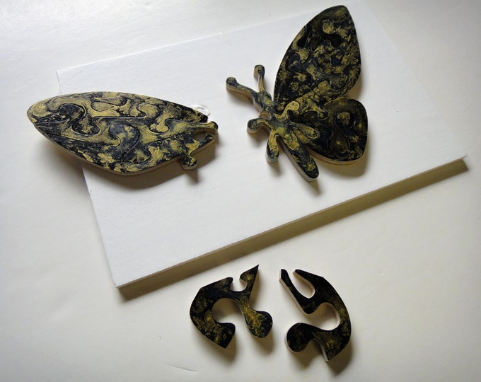 Puzzle Butterfly - black & gold, stylish wooden hand-cut, acrylic on wood pieces, ready to hang, Puzzle-Art by Samo Svete