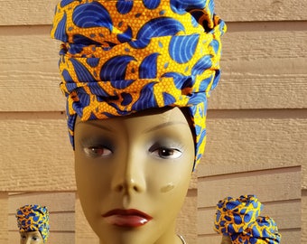 Blue &Yellow Headwrap; Blue African Headwrap; African Clothing; African Fabric Headwrap; African Scarf; Fabric Headwrap: Headwrap; Head tie