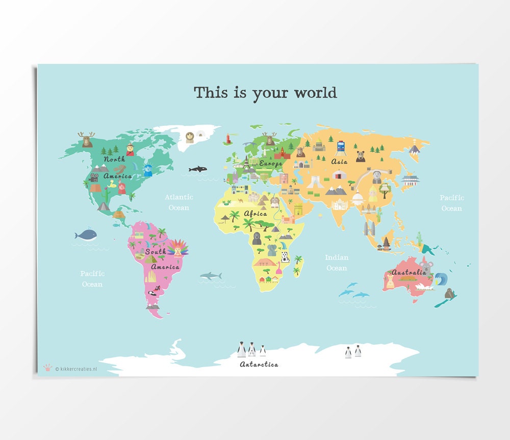 printable kids world map poster a4 a3 8x10 in 11x14 in