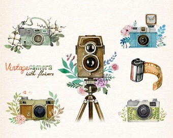 Camera, Watercolor camera, retro camera, Flowers & Cameras, photocamera, film, boho, floral, vector clipart