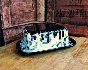 Butter dish dome, Skull drip design, unique Hand Painted, Weird and Wonderful, skull dome, kitchen item, gothic gift
