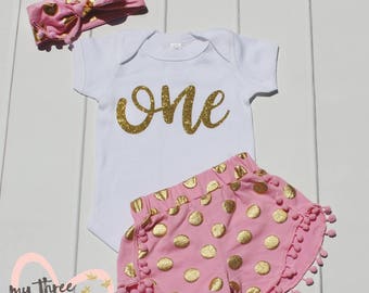 1st Birthday Shirt and Shorts Set,Girl First Birthday Outfit, 1st Birthday Onesie, Girl bodysuit, One, Gold Shorts, Gold and Pink Headband,
