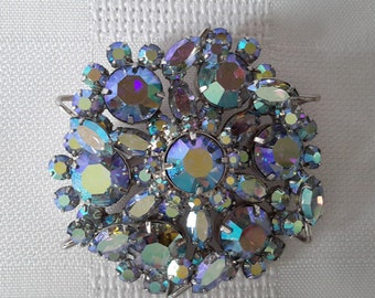 Blue Aurora Borealis Rhodium Brooch, c.1950.