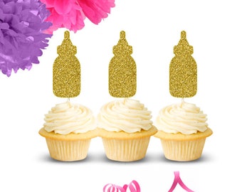 Baby Shower Cupcake Toppers (Set of 12), Baby Bottle Cupcake Toppers, Baby Cupcake Toppers, Gold Cupcake Toppers, Gender Reveal Decor