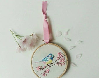 Hand embroidered 'Bird in a blossom tree' hoop art