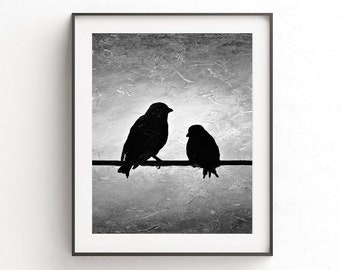 Bird print digital download printable art wall decor black and white birds on wire silhouette print modern home decor design artwork