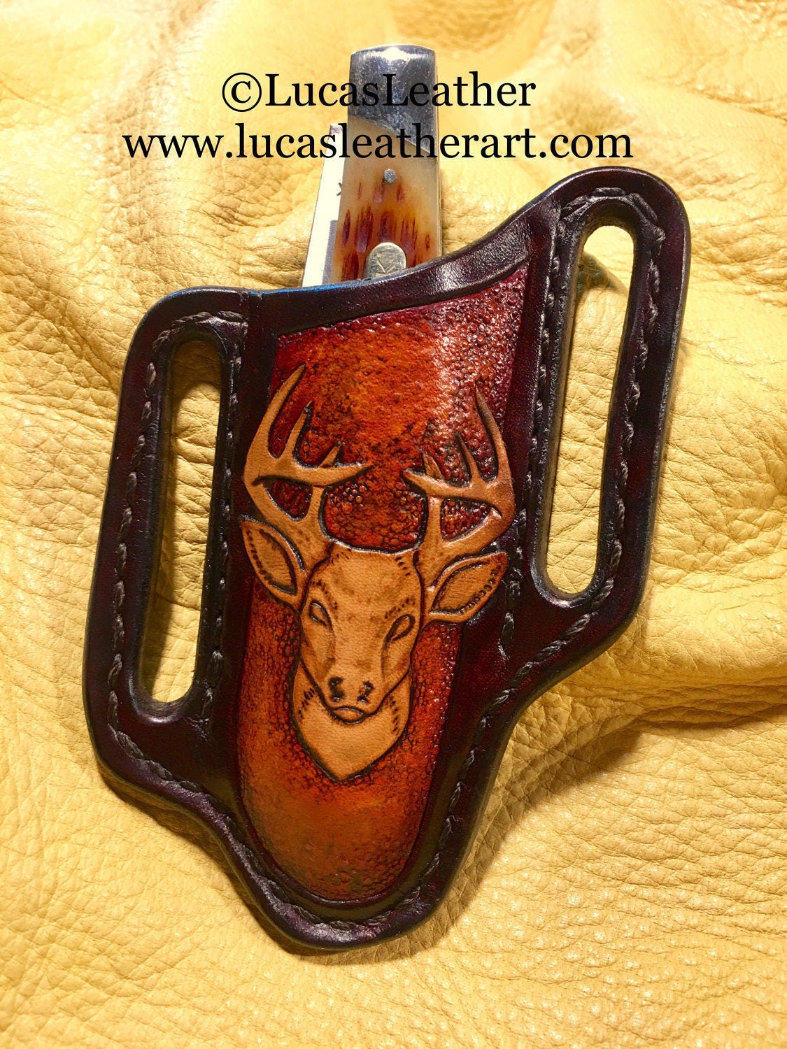 Buck Deer Design Hand Carved Leather Pancake Holster Style Pocket Knife