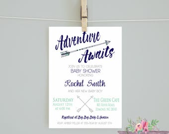 Adventure shower invitation/ Adventure Awaits Baby Shower Invitation / Navy Mint Tribal Invitation
