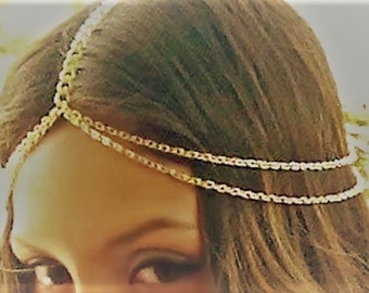 Gold Boho Bohemian Twin Tier Headpiece Head chain Bridal Festival, hand made, bridesmaid, hair chain, hair piece, adjustable sizes, pretty