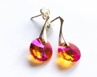 Orange, purple, Silver earrings, Silver earrings, Swarovski elements, Sterling Silver 925