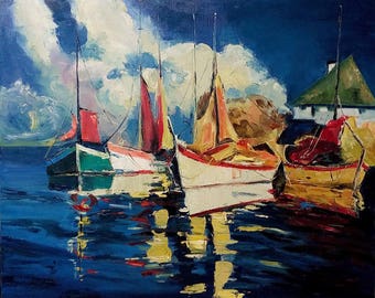 Fishing boats 50x60 cm Oil painting (freestyle copy) on cotton canvas with brushes & pallet knife. Gallery stretch.