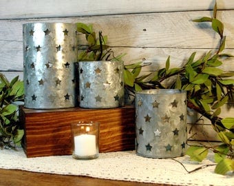 Tin Candle Holder, Tin Star cut out, Metal candle holder, Galvanized candle holder, Country candle, Farmhouse candle holder, Kitchen decor