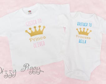 Set of 2 Personalised Prince and Princess Sibling t-shirt set/brother/sister/princess t- shirt/ prince t shirt/baby romper/baby gift