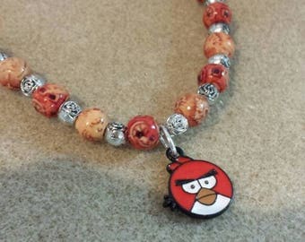 Necklace wood and metal and angry bird