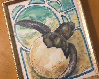 Art Nouveau Sea Turtle Hatchling Watercolor Painting 3.5 x5
