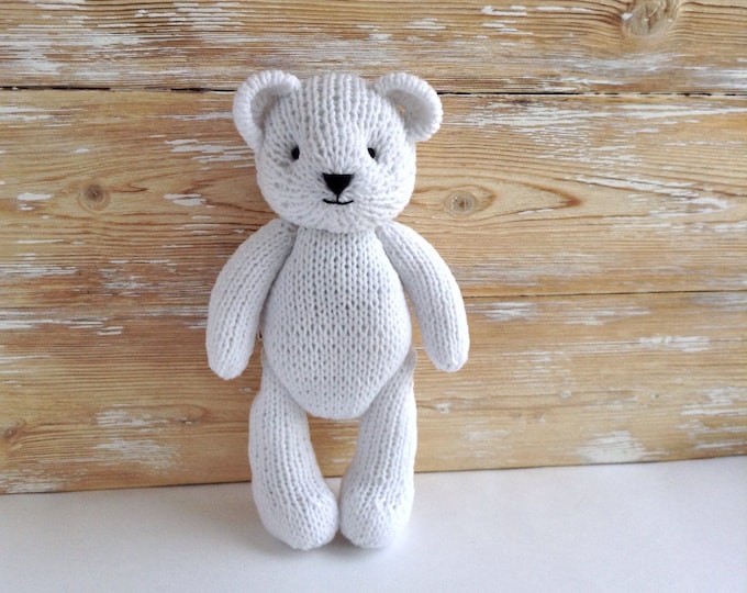 Knitted Teddy Bear, stuffed animals, hand knit toys, newborn photo prop, first toy, white bear, softies, soft plush toy, baby gift