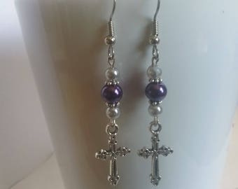 Purple cross earrings