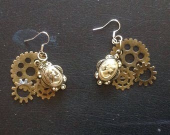 Steampunk Earrings Dangly Cameo and Gears